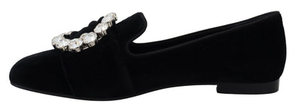 Dolce & Gabbana Black Velvet Crystals Loafers Flats Shoes - SMARTMARTNZ