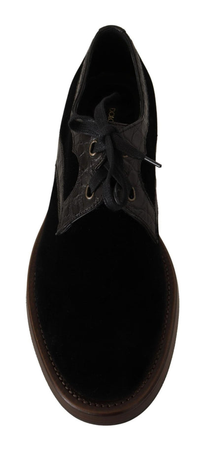 Dolce & Gabbana Black Velvet Exotic Leather Shoes - SMARTMARTNZ