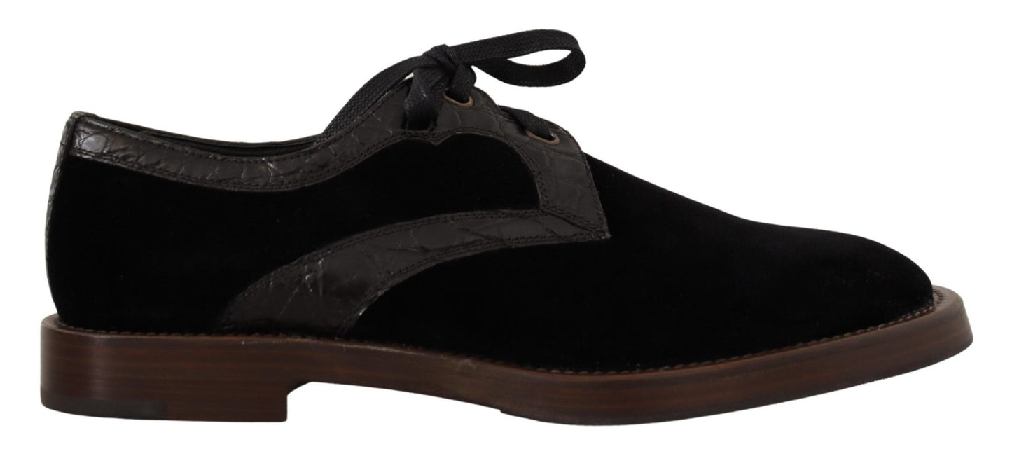 Dolce & Gabbana Black Velvet Exotic Leather Shoes - SMARTMARTNZ