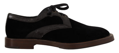 Dolce & Gabbana Black Velvet Exotic Leather Shoes - SMARTMARTNZ
