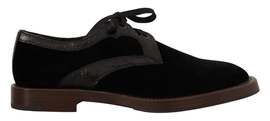 Dolce & Gabbana Black Velvet Exotic Leather Shoes - SMARTMARTNZ