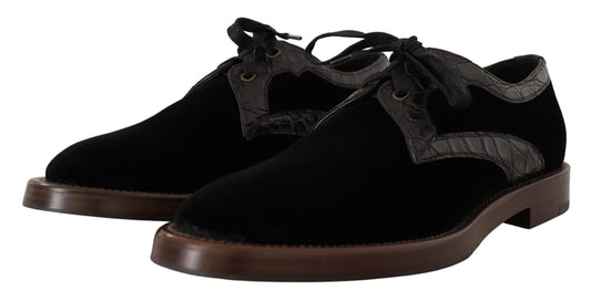 Dolce & Gabbana Black Velvet Exotic Leather Shoes - SMARTMARTNZ