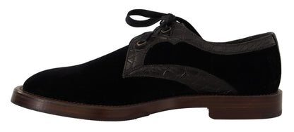Dolce & Gabbana Black Velvet Exotic Leather Shoes - SMARTMARTNZ
