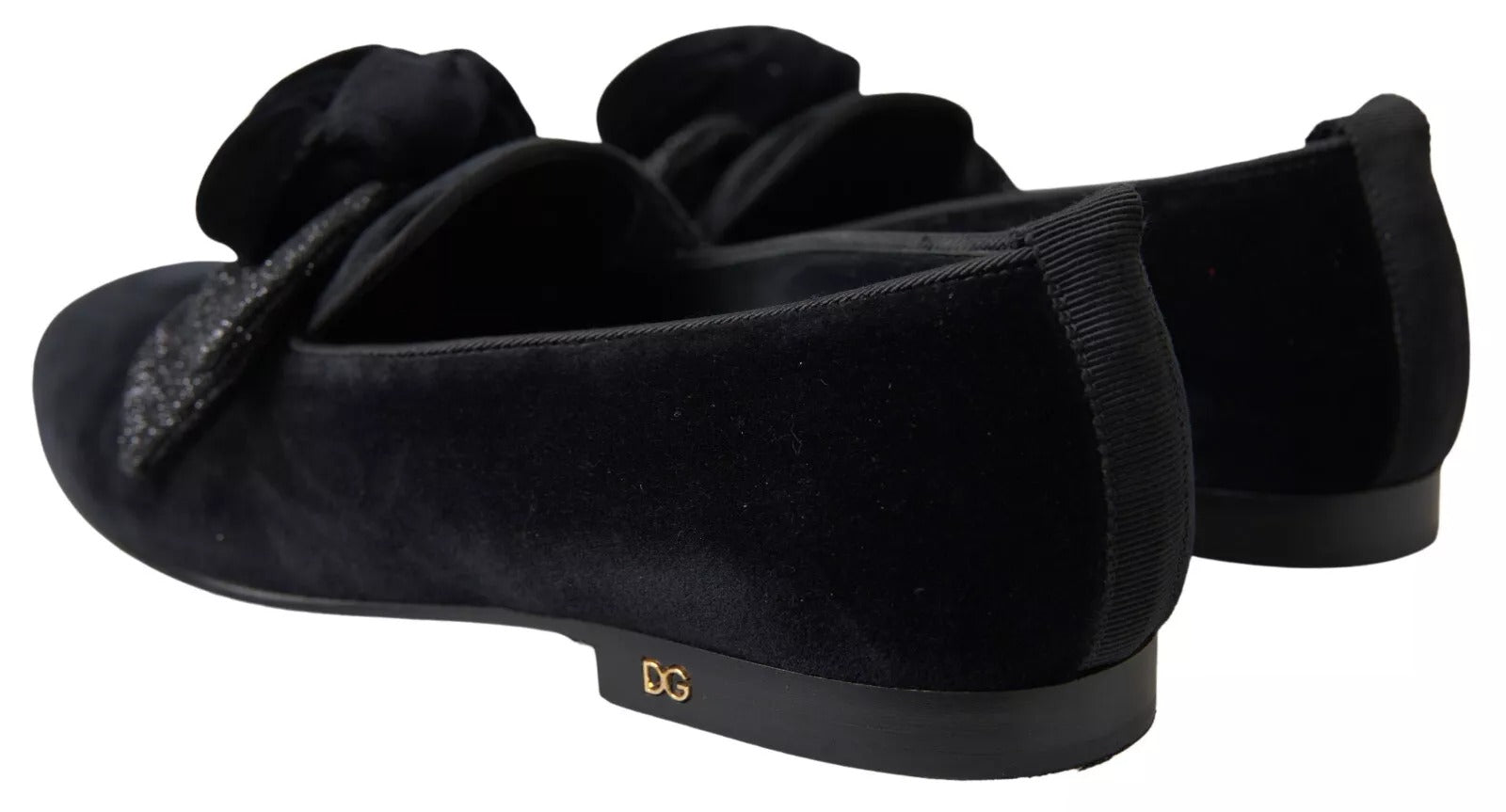Dolce & Gabbana Black Velvet Flats Bow Young Queen Shoes - SMARTMARTNZ