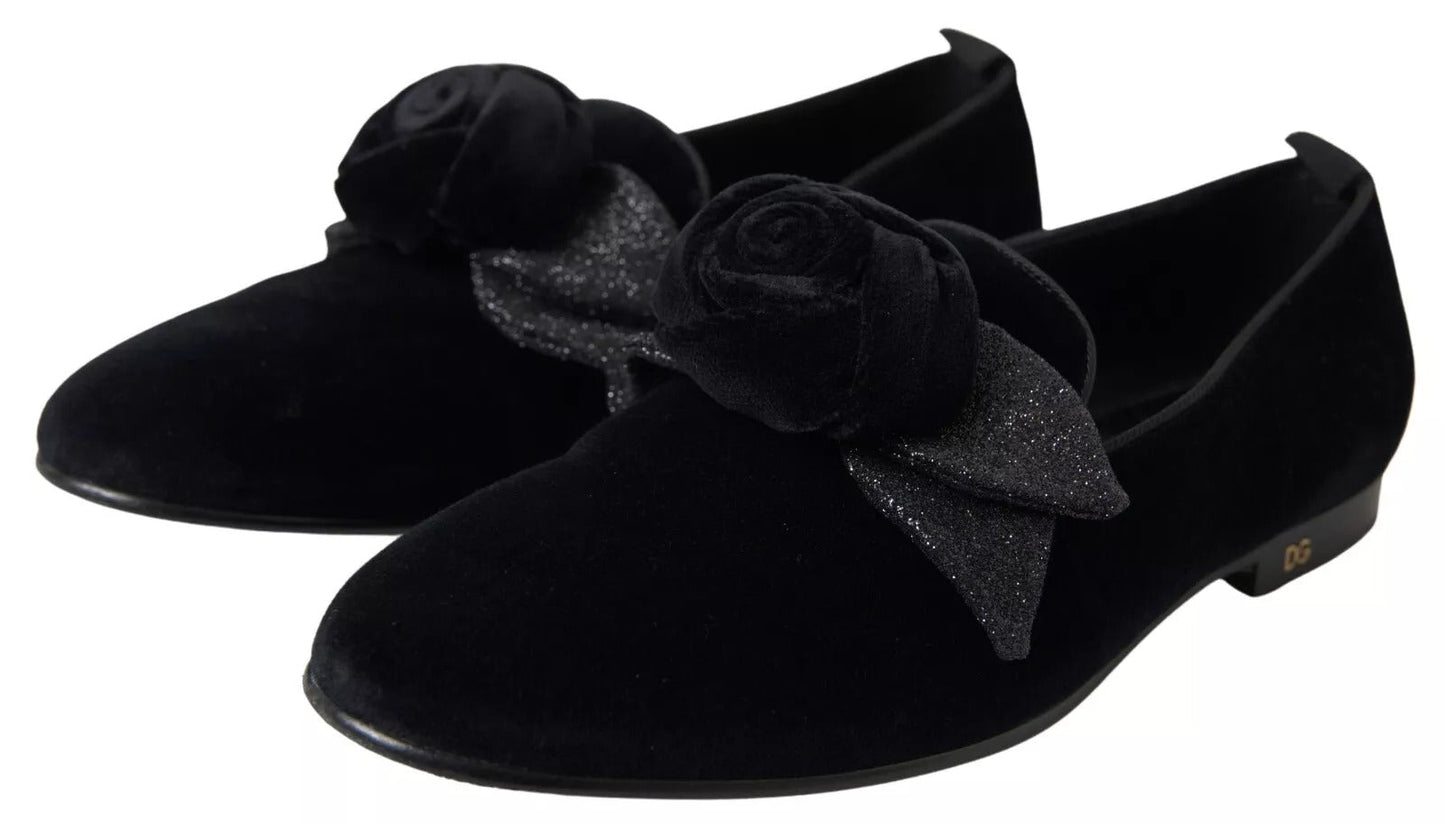 Dolce & Gabbana Black Velvet Flats Bow Young Queen Shoes - SMARTMARTNZ
