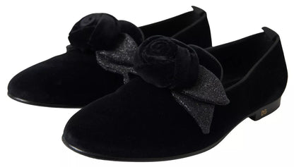 Dolce & Gabbana Black Velvet Flats Bow Young Queen Shoes - SMARTMARTNZ