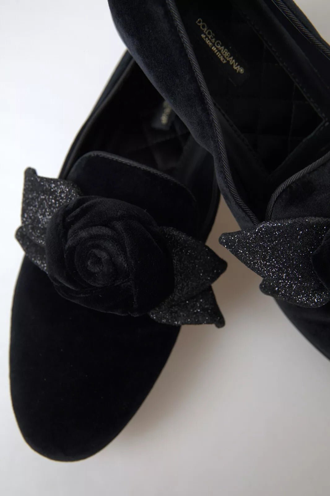 Dolce & Gabbana Black Velvet Flats Bow Young Queen Shoes - SMARTMARTNZ