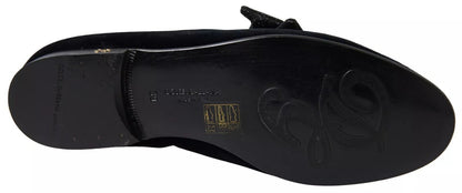 Dolce & Gabbana Black Velvet Flats Bow Young Queen Shoes - SMARTMARTNZ