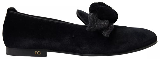Dolce & Gabbana Black Velvet Flats Bow Young Queen Shoes - SMARTMARTNZ