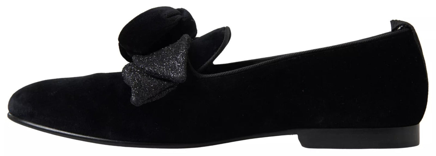 Dolce & Gabbana Black Velvet Flats Bow Young Queen Shoes - SMARTMARTNZ