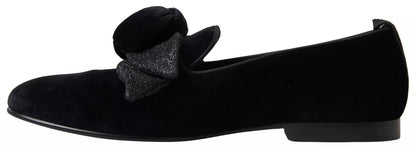 Dolce & Gabbana Black Velvet Flats Bow Young Queen Shoes - SMARTMARTNZ