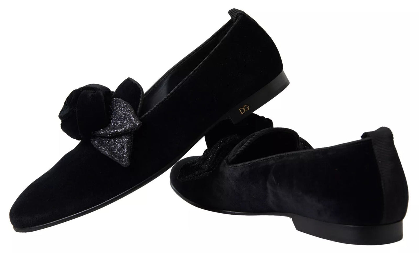 Dolce & Gabbana Black Velvet Flats Bow Young Queen Shoes - SMARTMARTNZ