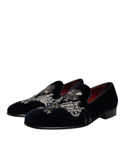 Dolce & Gabbana Black Velvet Floral Gun Loafers Dress Shoes - SMARTMARTNZ