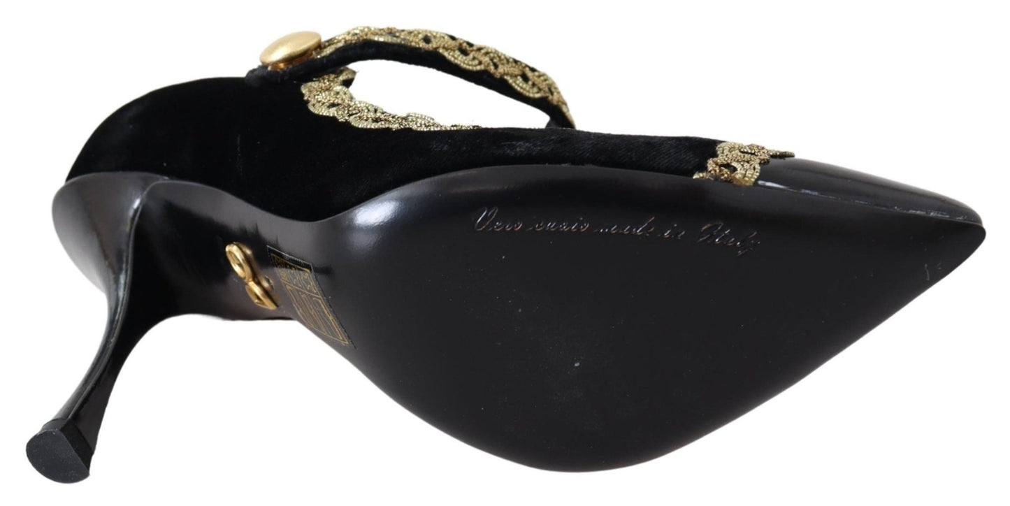 Dolce & Gabbana Black Velvet Gold Mary Janes Pumps - SMARTMARTNZ