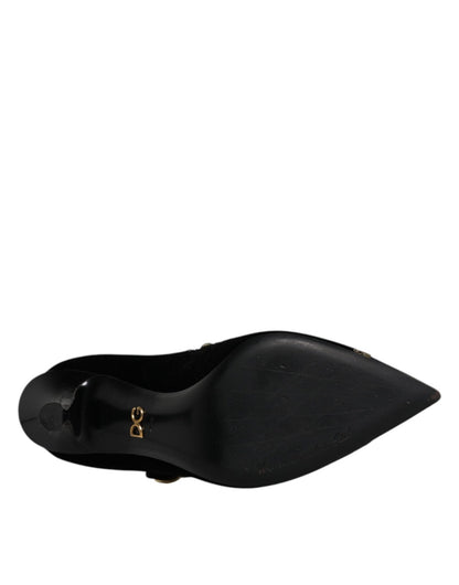 Dolce & Gabbana Black Velvet Gold Mary Janes Pumps Shoes - SMARTMARTNZ