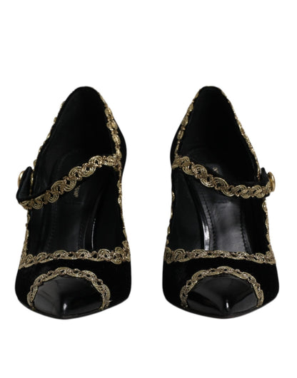 Dolce & Gabbana Black Velvet Gold Mary Janes Pumps Shoes - SMARTMARTNZ