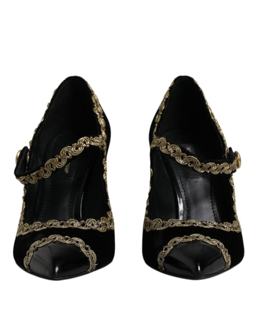 Dolce & Gabbana Black Velvet Gold Mary Janes Pumps Shoes - SMARTMARTNZ