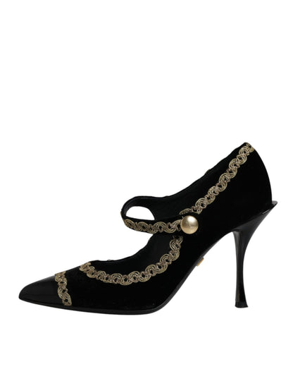Dolce & Gabbana Black Velvet Gold Mary Janes Pumps Shoes - SMARTMARTNZ