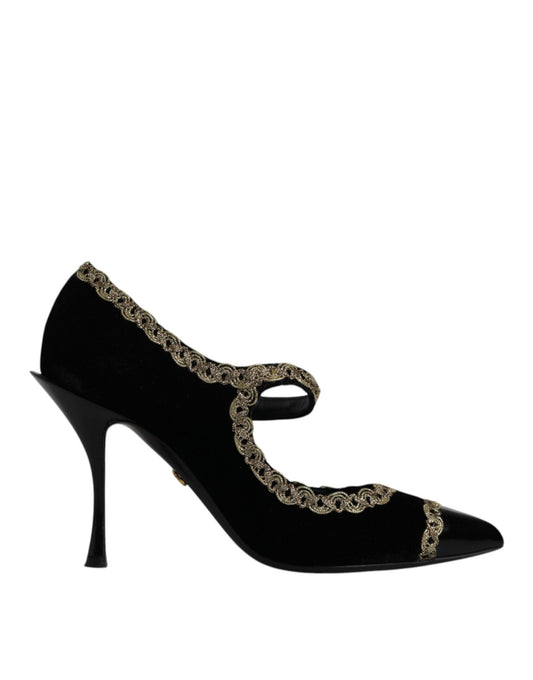 Dolce & Gabbana Black Velvet Gold Mary Janes Pumps Shoes - SMARTMARTNZ