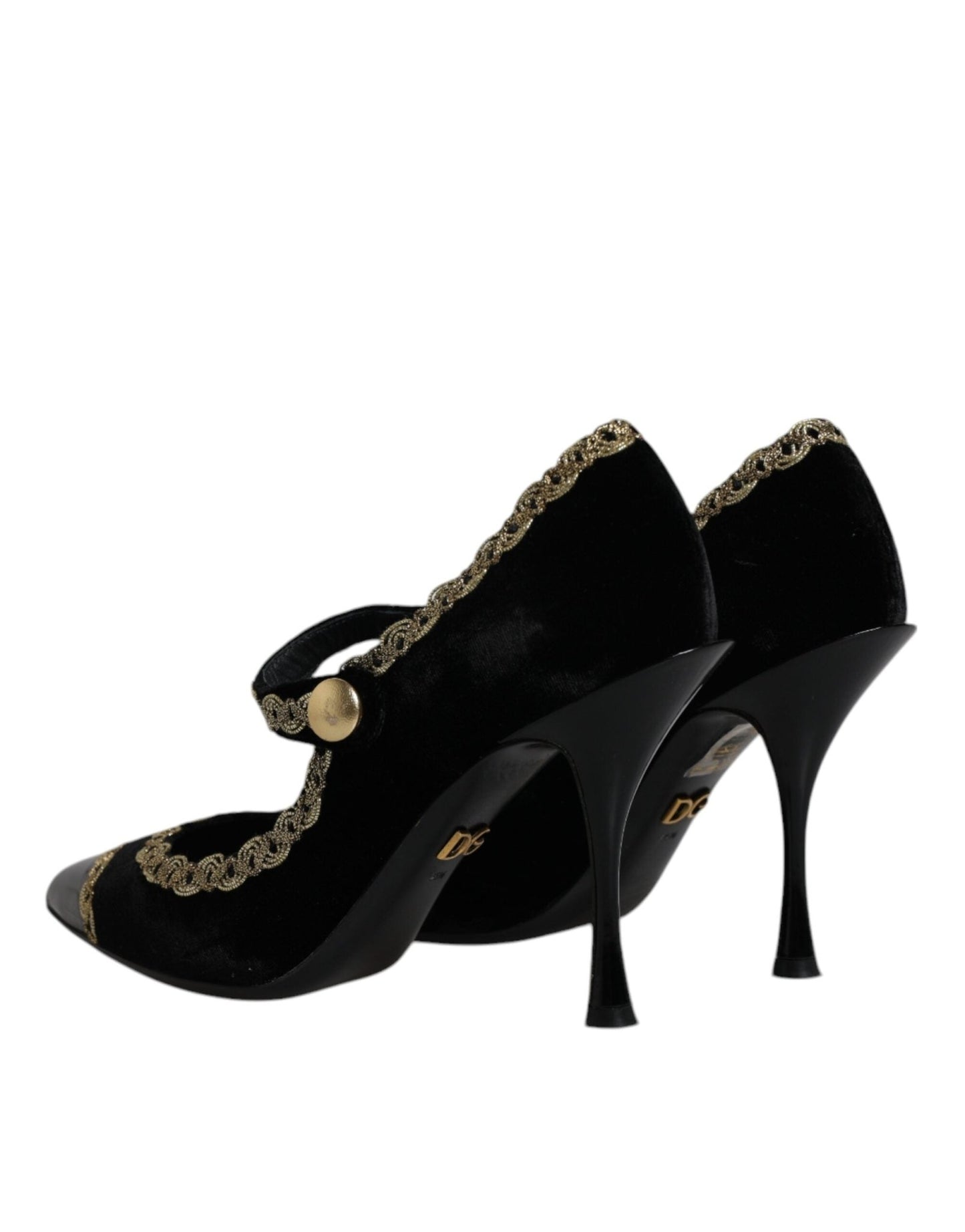 Dolce & Gabbana Black Velvet Gold Mary Janes Pumps Shoes - SMARTMARTNZ
