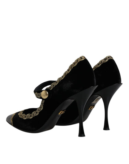 Dolce & Gabbana Black Velvet Gold Mary Janes Pumps Shoes - SMARTMARTNZ