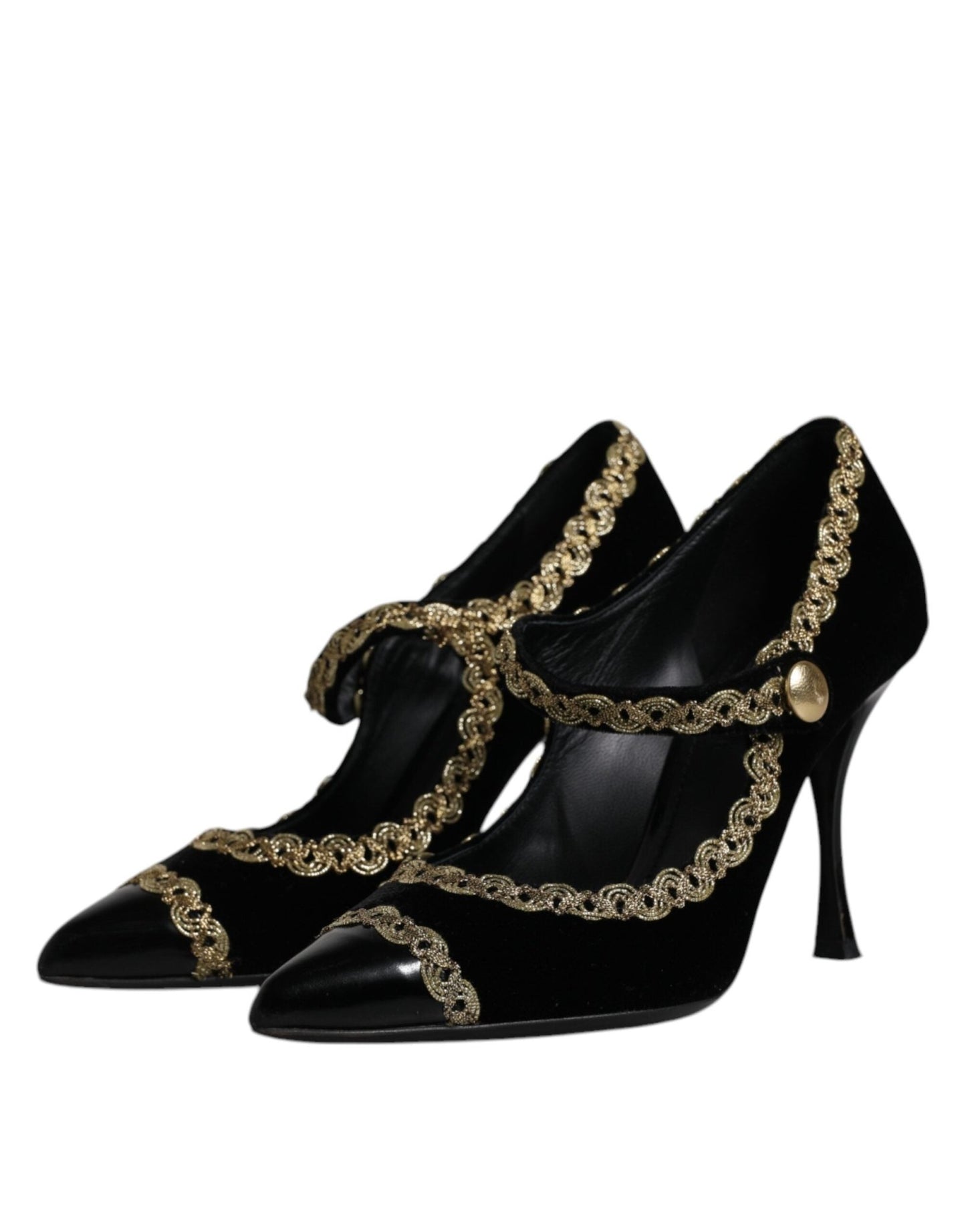 Dolce & Gabbana Black Velvet Gold Mary Janes Pumps Shoes - SMARTMARTNZ