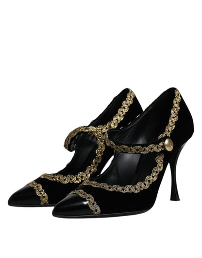 Dolce & Gabbana Black Velvet Gold Mary Janes Pumps Shoes - SMARTMARTNZ