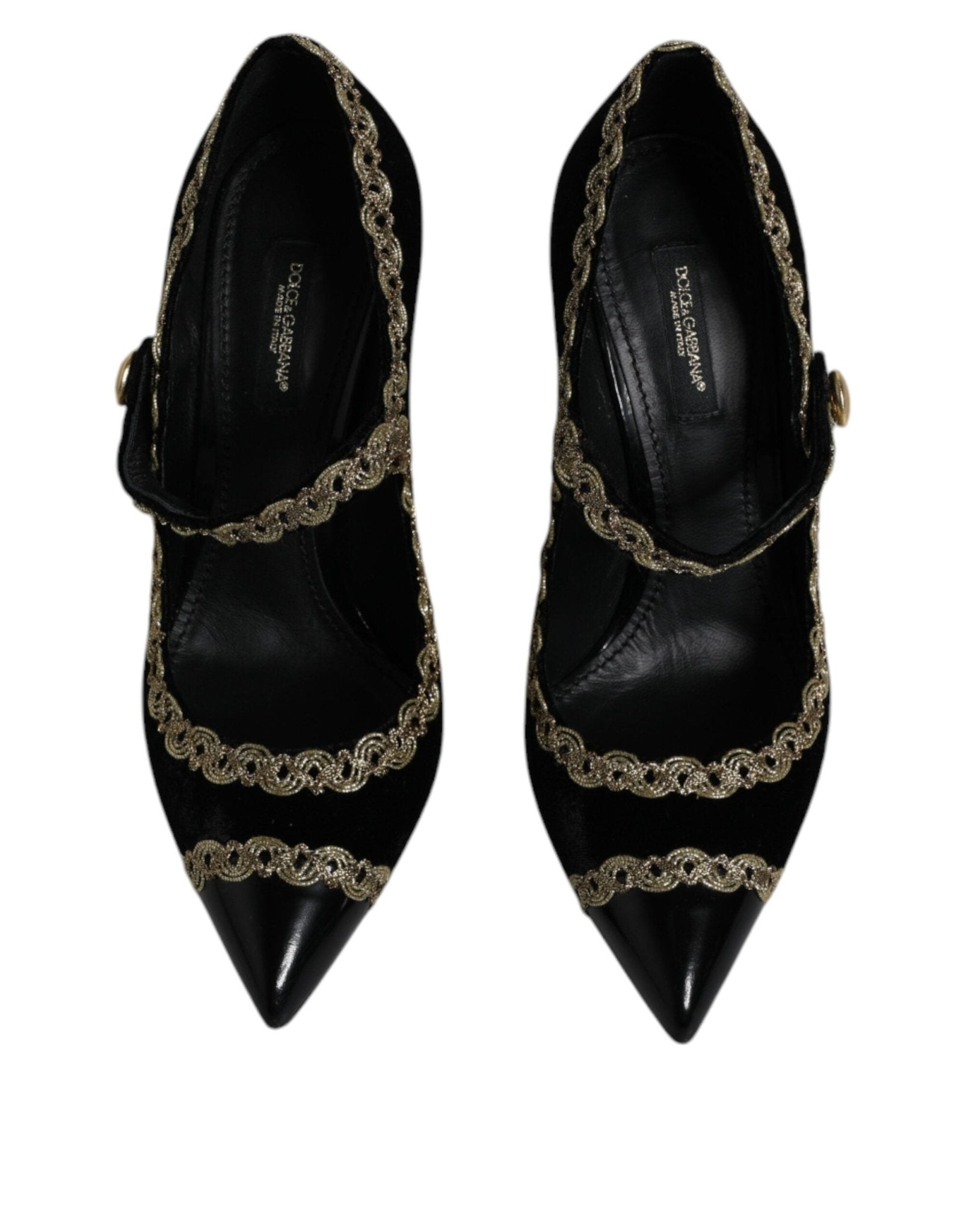 Dolce & Gabbana Black Velvet Gold Mary Janes Pumps Shoes - SMARTMARTNZ