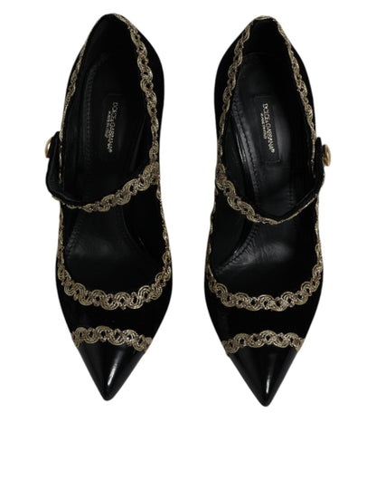 Dolce & Gabbana Black Velvet Gold Mary Janes Pumps Shoes - SMARTMARTNZ