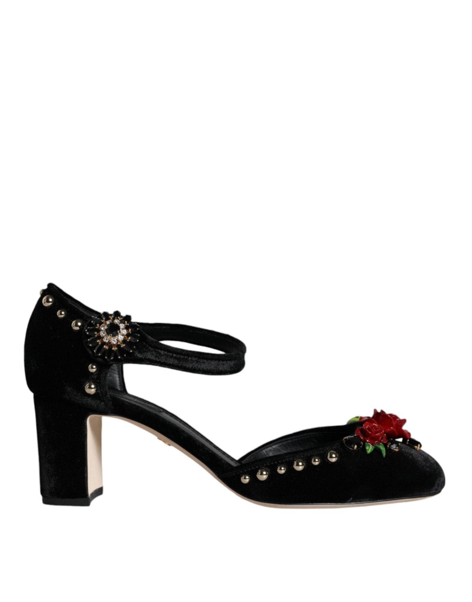 Dolce & Gabbana Black Velvet Roses Ankle Strap Pumps Shoes - SMARTMARTNZ