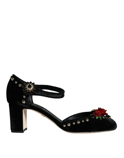 Dolce & Gabbana Black Velvet Roses Ankle Strap Pumps Shoes - SMARTMARTNZ
