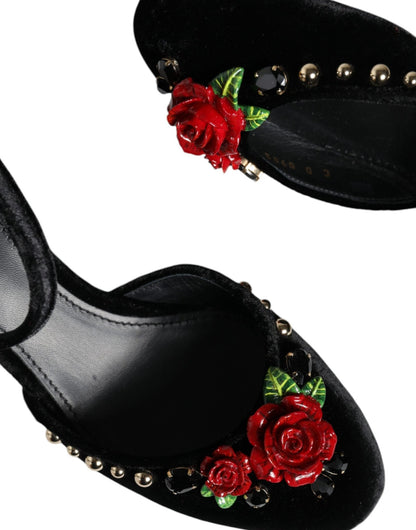 Dolce & Gabbana Black Velvet Roses Ankle Strap Pumps Shoes - SMARTMARTNZ