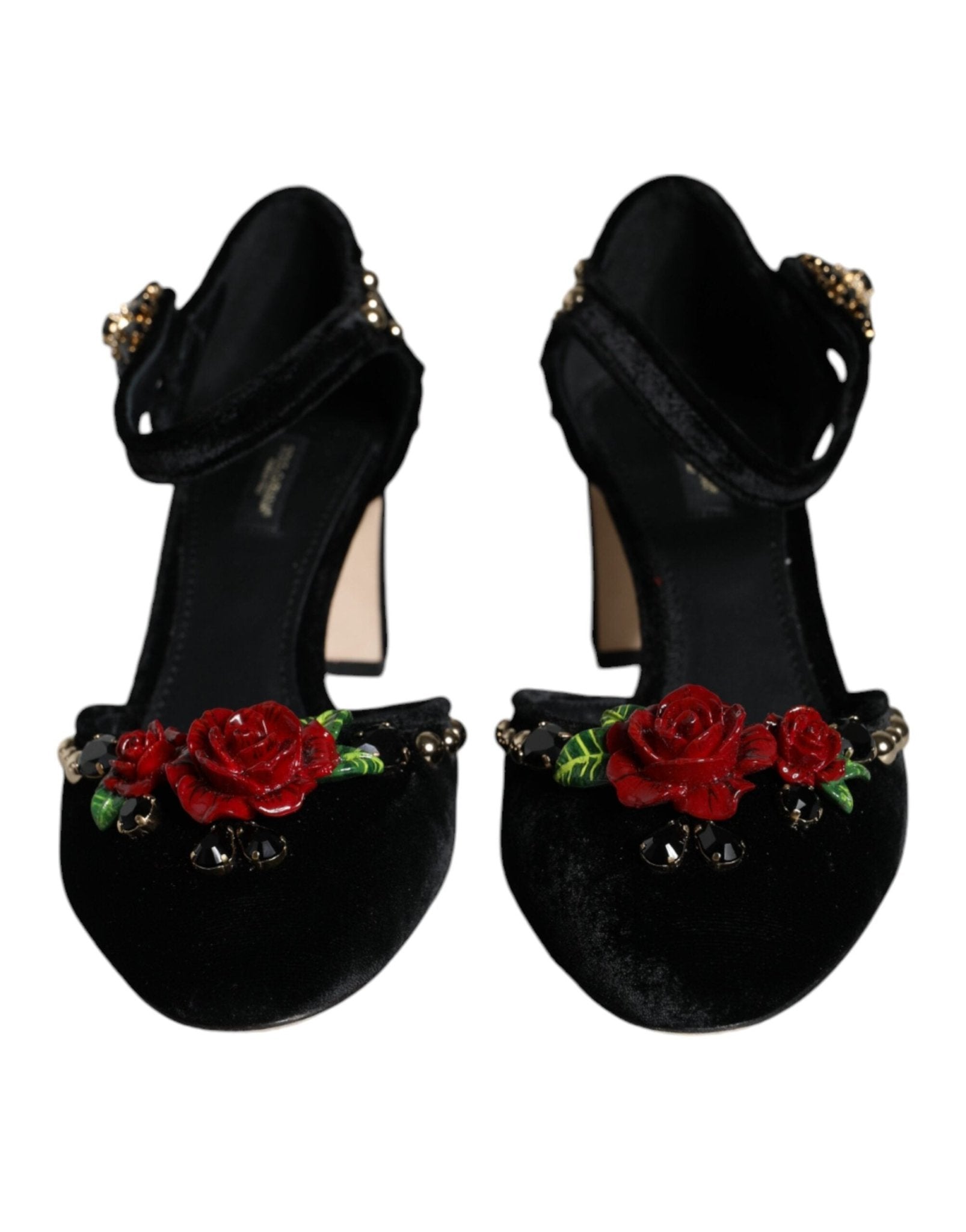 Dolce & Gabbana Black Velvet Roses Ankle Strap Pumps Shoes - SMARTMARTNZ