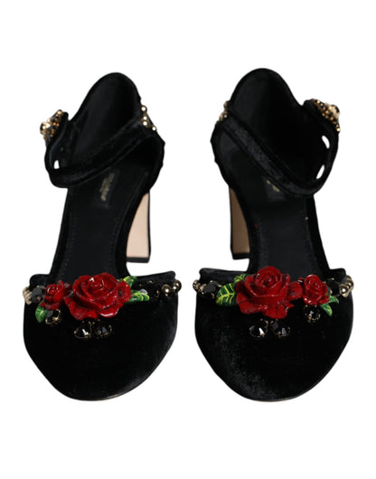 Dolce & Gabbana Black Velvet Roses Ankle Strap Pumps Shoes - SMARTMARTNZ