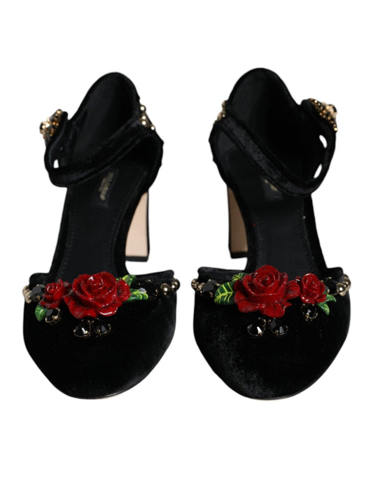 Dolce & Gabbana Black Velvet Roses Ankle Strap Pumps Shoes - SMARTMARTNZ
