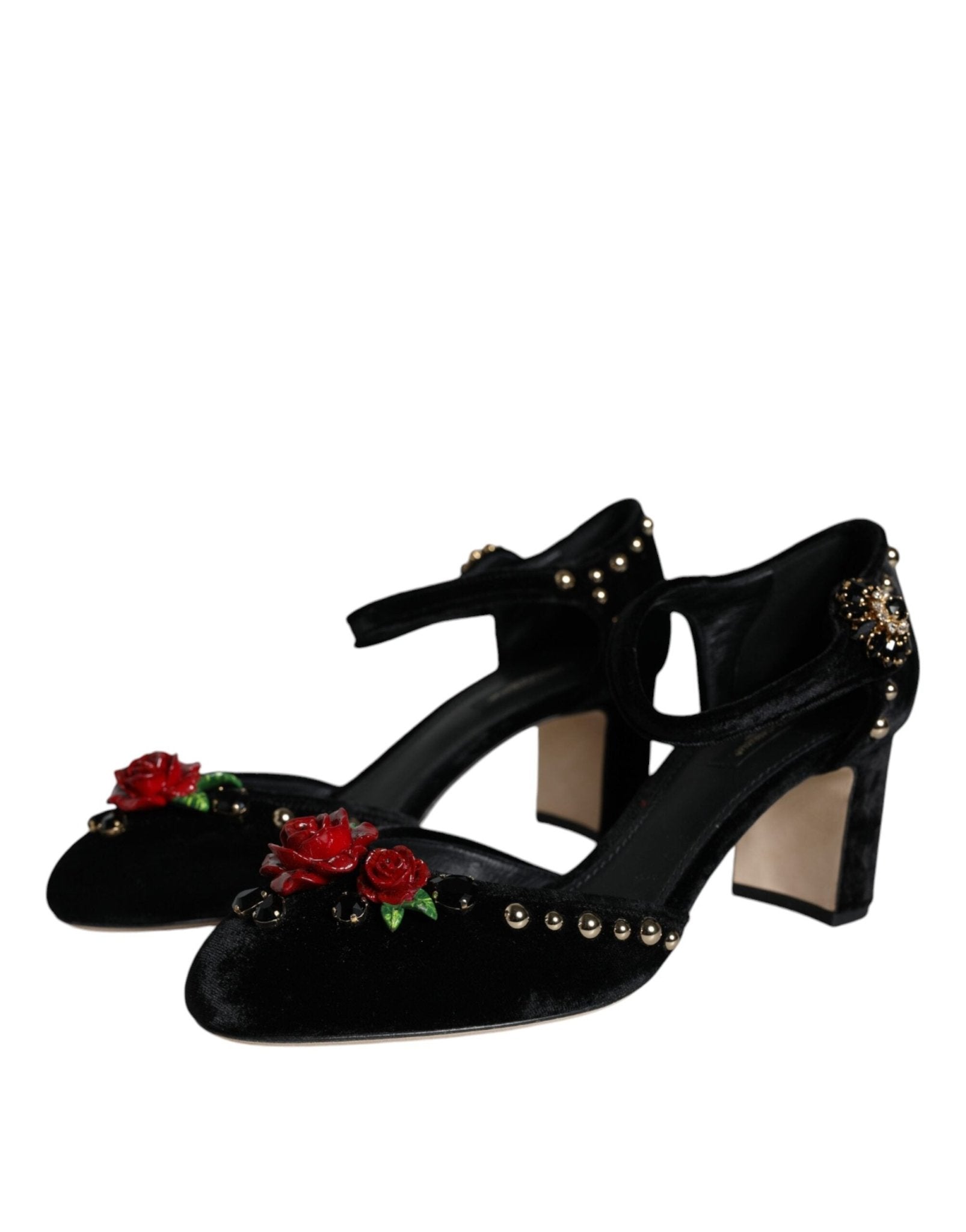 Dolce & Gabbana Black Velvet Roses Ankle Strap Pumps Shoes - SMARTMARTNZ