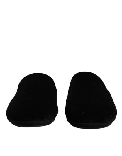 Dolce & Gabbana Black Viscose Velvet Slides Flat Slipper Shoes - SMARTMARTNZ