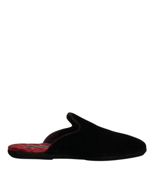 Dolce & Gabbana Black Viscose Velvet Slides Flat Slipper Shoes - SMARTMARTNZ