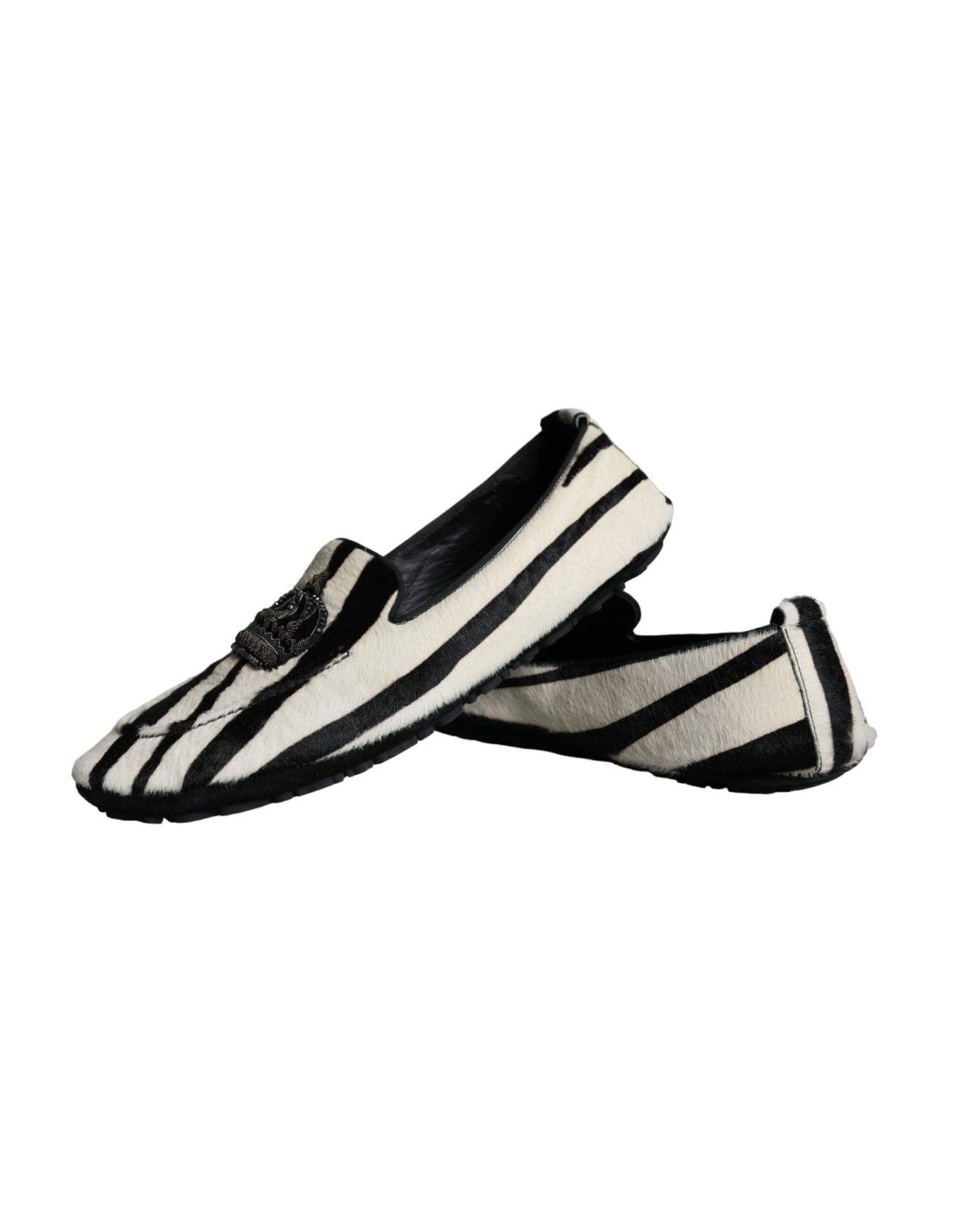 Dolce & Gabbana Black White Calf Fur Slip On Loafers Men Shoes - SMARTMARTNZ