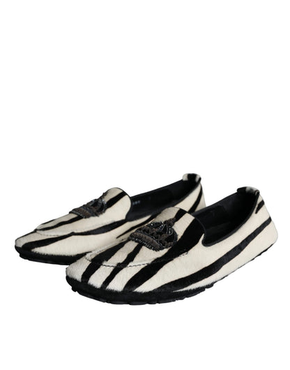 Dolce & Gabbana Black White Calf Fur Slip On Loafers Men Shoes - SMARTMARTNZ