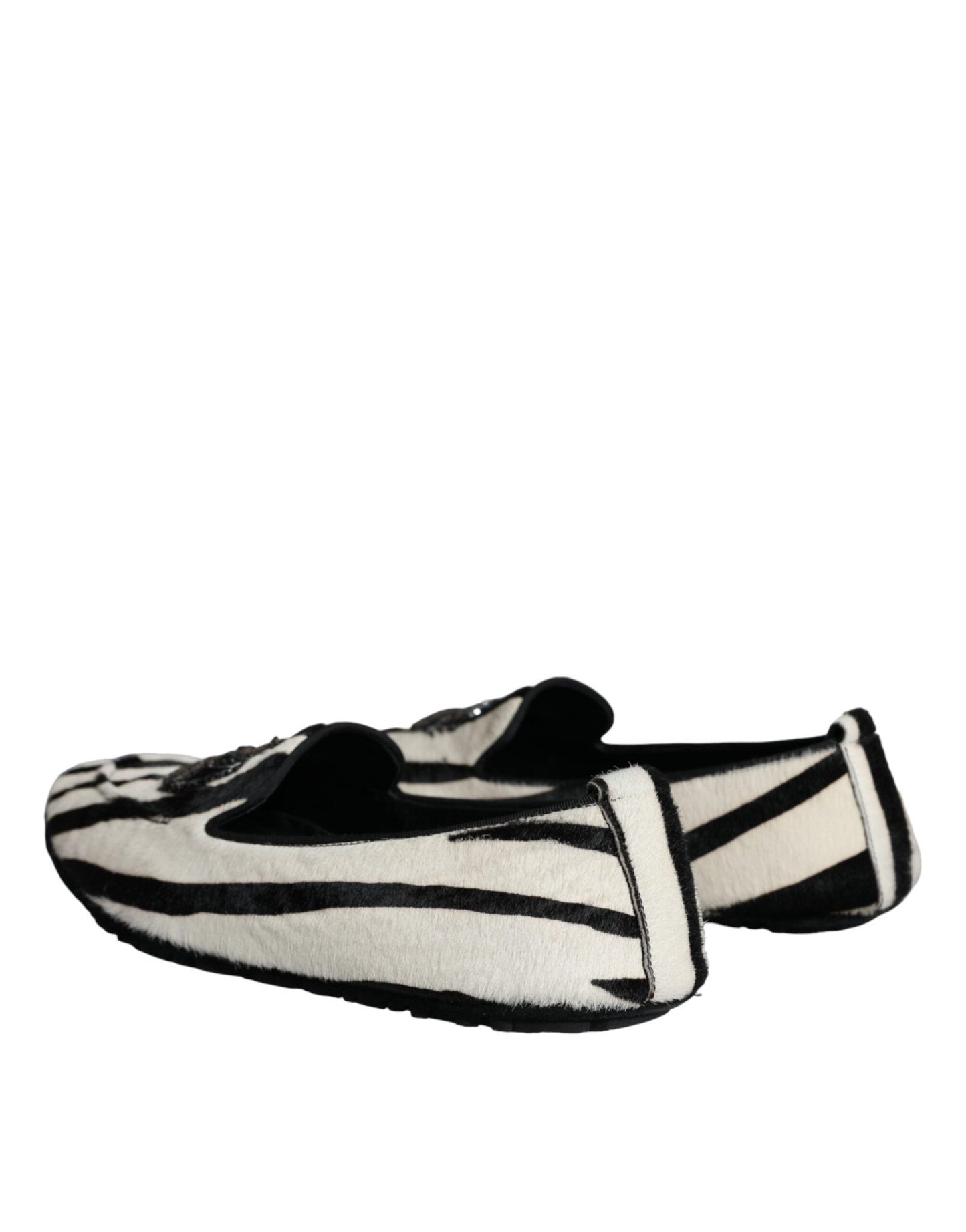 Dolce & Gabbana Black White Calf Fur Slip On Loafers Men Shoes - SMARTMARTNZ