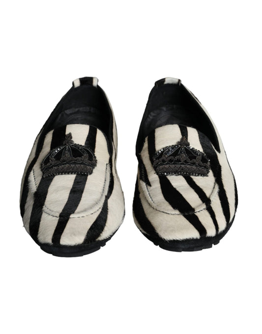 Dolce & Gabbana Black White Calf Fur Slip On Loafers Men Shoes - SMARTMARTNZ