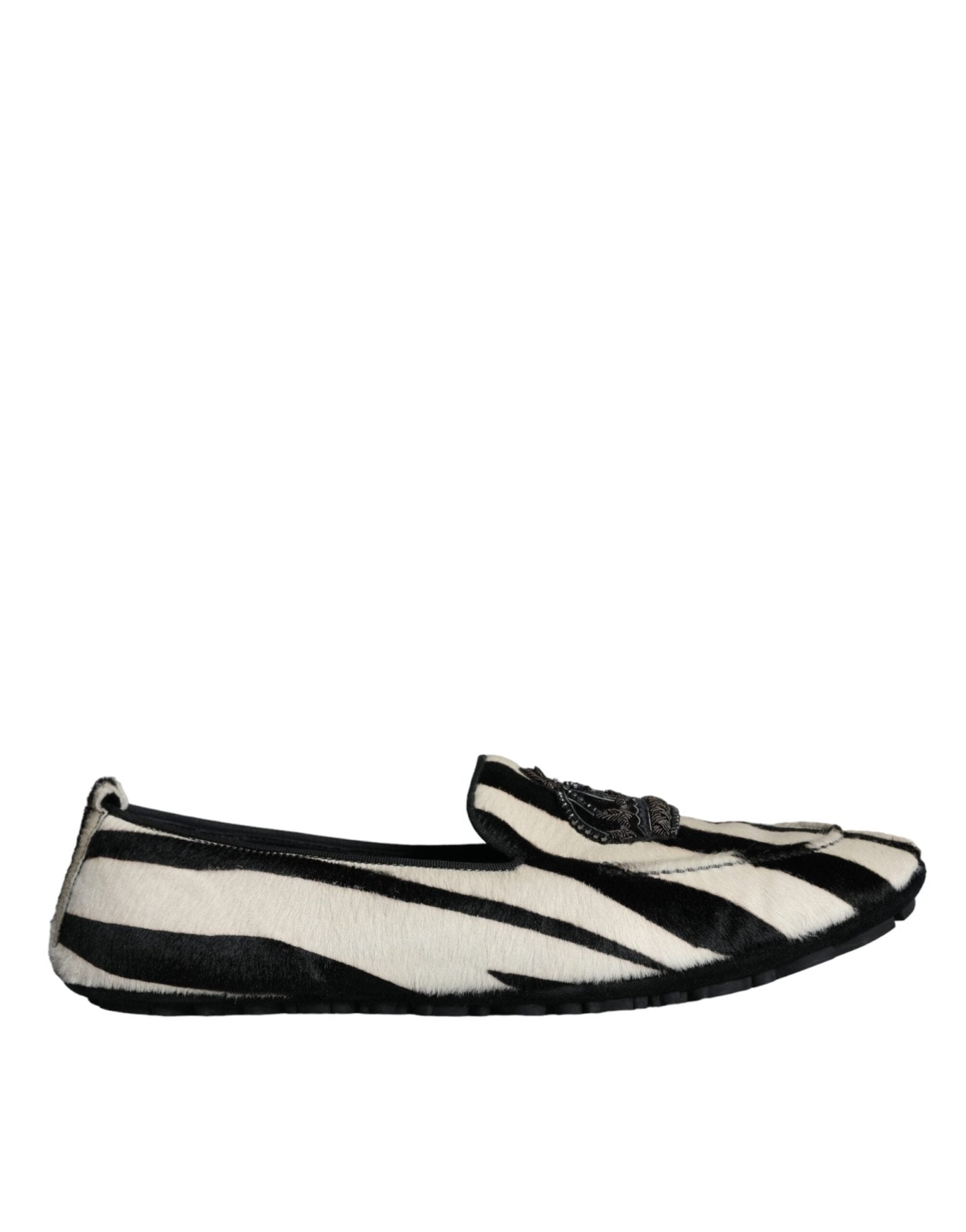Dolce & Gabbana Black White Calf Fur Slip On Loafers Men Shoes - SMARTMARTNZ