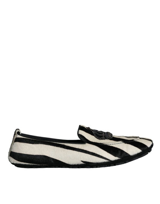 Dolce & Gabbana Black White Calf Fur Slip On Loafers Men Shoes - SMARTMARTNZ