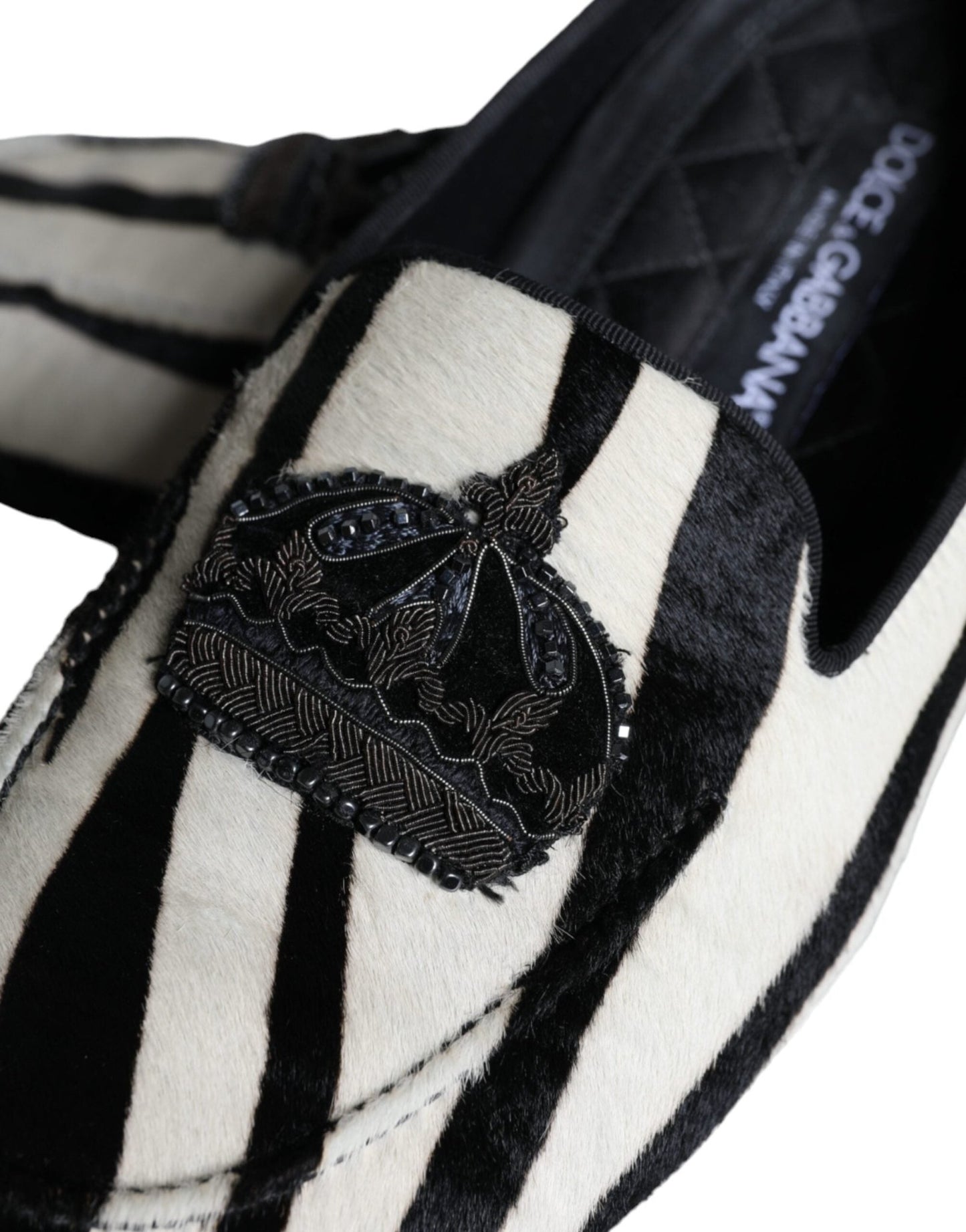 Dolce & Gabbana Black White Calf Fur Slip On Loafers Men Shoes - SMARTMARTNZ