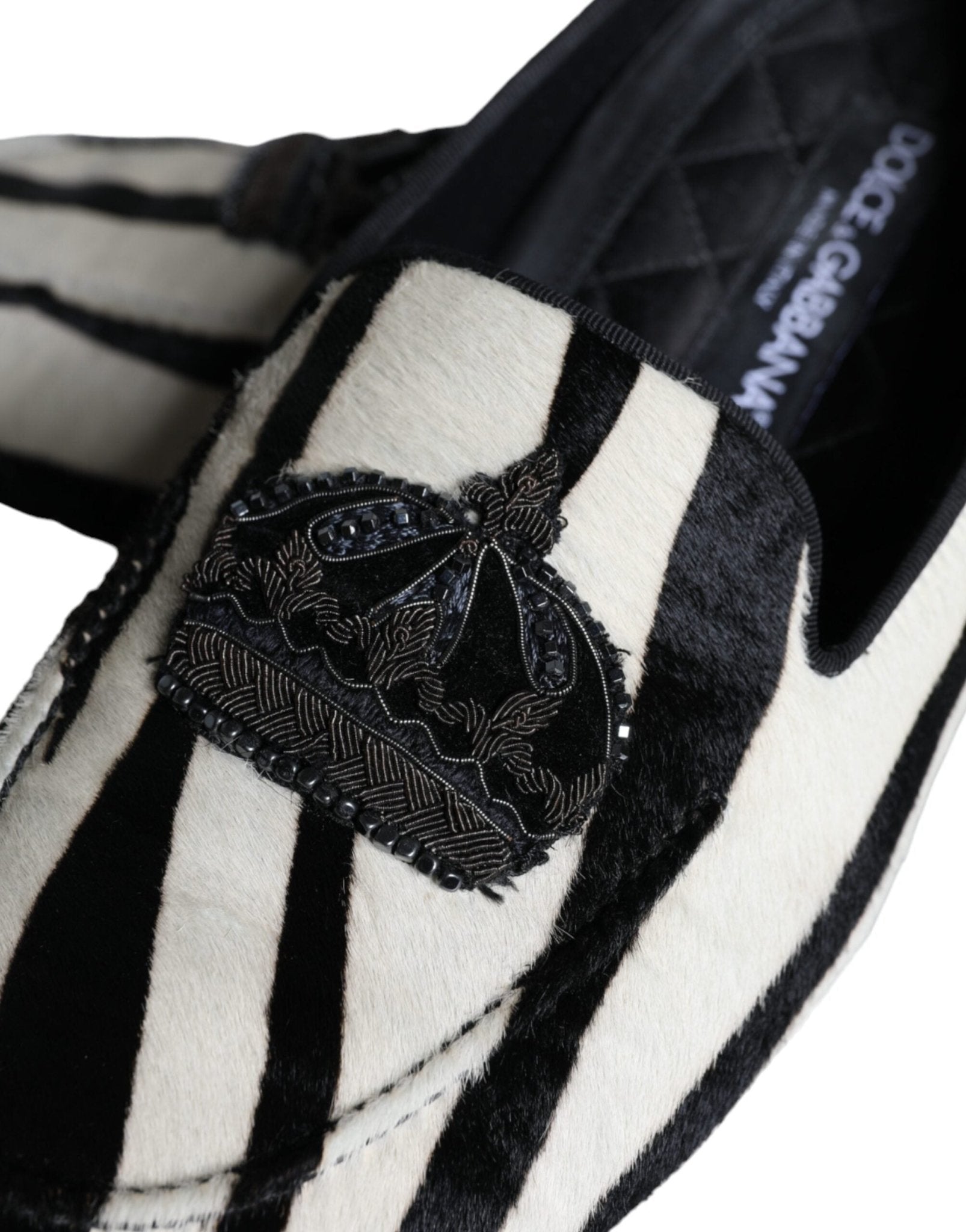 Dolce & Gabbana Black White Calf Fur Slip On Loafers Men Shoes - SMARTMARTNZ