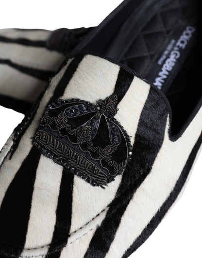 Dolce & Gabbana Black White Calf Fur Slip On Loafers Men Shoes - SMARTMARTNZ