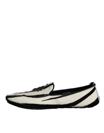 Dolce & Gabbana Black White Calf Fur Slip On Loafers Men Shoes - SMARTMARTNZ