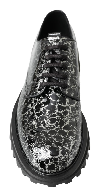 Dolce & Gabbana Black White Derby Patent Leather Shoes - SMARTMARTNZ