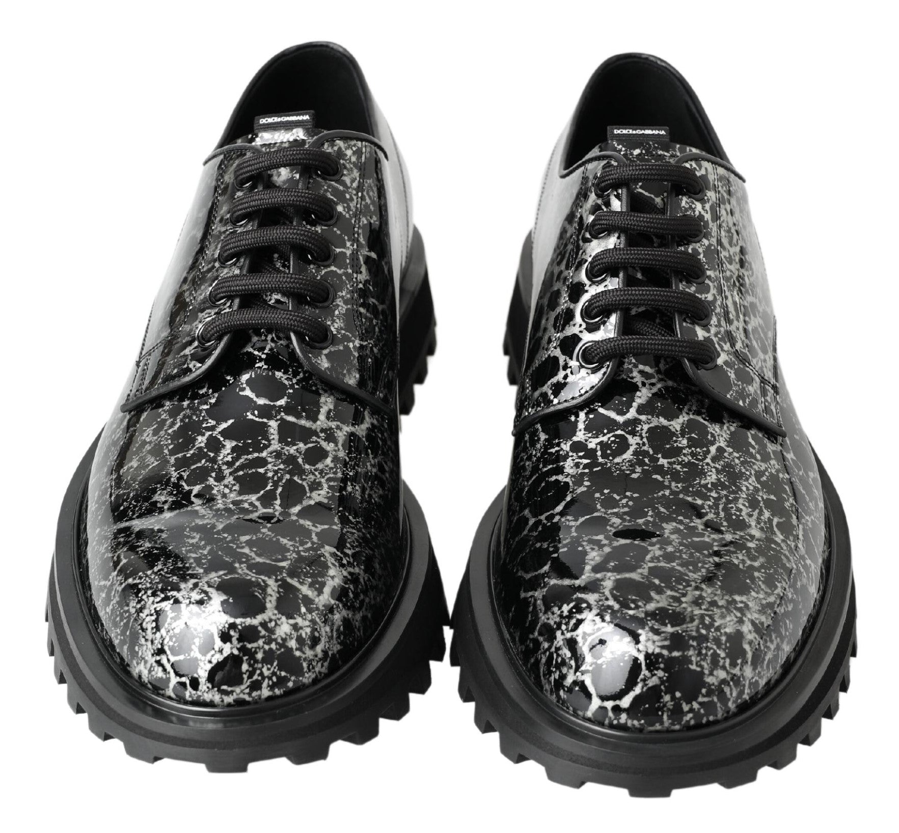 Dolce & Gabbana Black White Derby Patent Leather Shoes - SMARTMARTNZ